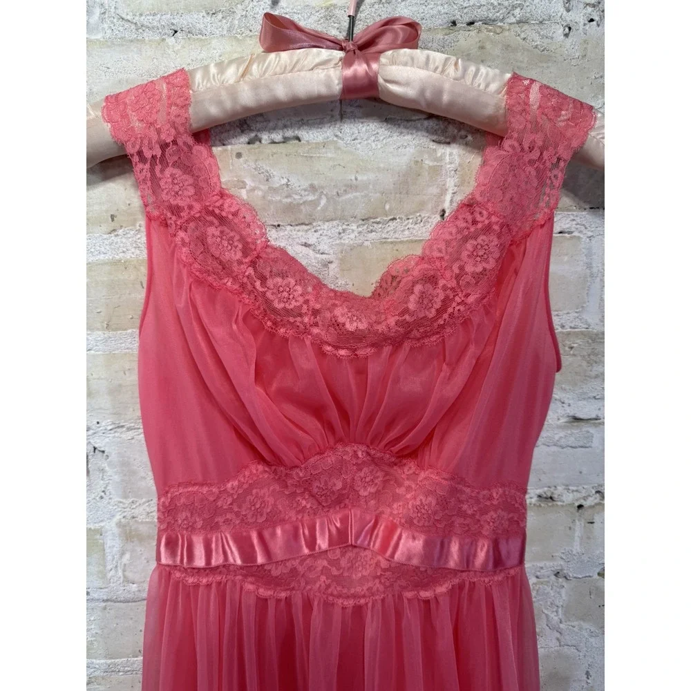 Pink Chiffon Nightgown Peignoir Robe Barbie Ballerina Sissy Coquette Vintage 60s - Picture 2 of 15